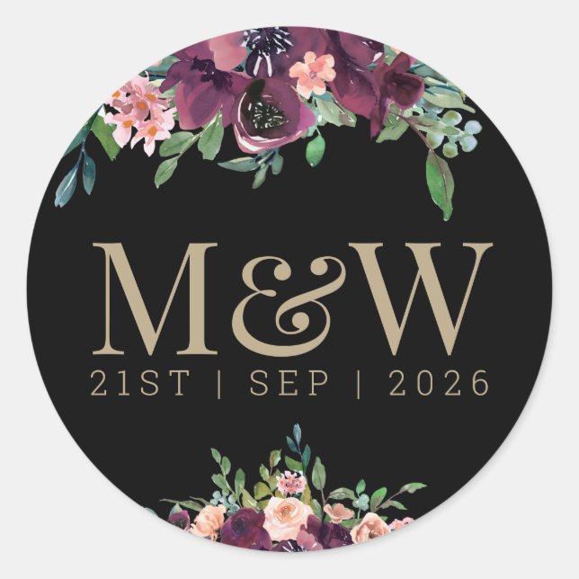 Sticker Rond Floral Burgundy Mariée Groom Monogram Gold Black (Devant)