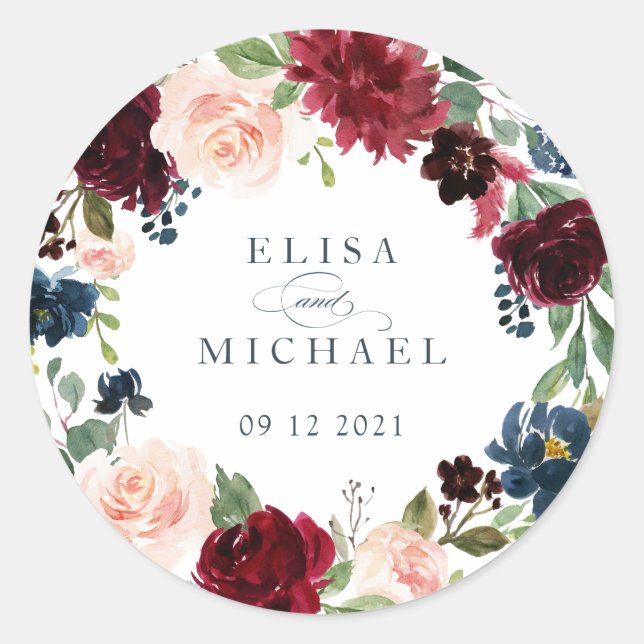 Sticker Rond Floral Burgundy Navy Blush Personnalisé (Devant)
