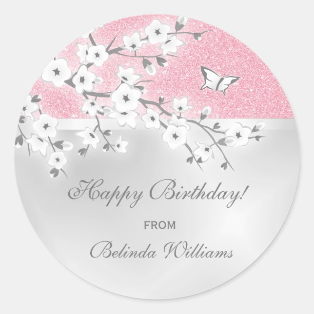 Sticker Rond Floral Cerisier Fleur Parties scintillant rose Per (Devant)
