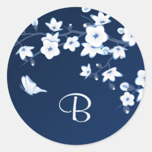 Sticker Rond Floral Cerisier Fleurs Marine Blanc Monogramme ble