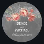 Sticker Rond Floral Chalkboard Rustique Mariage<br><div class="desc">Fleurs d'aquarelle mariages sceaux ou autocollants avec ardoise gris tableau noir arrière - plan et rose</div>