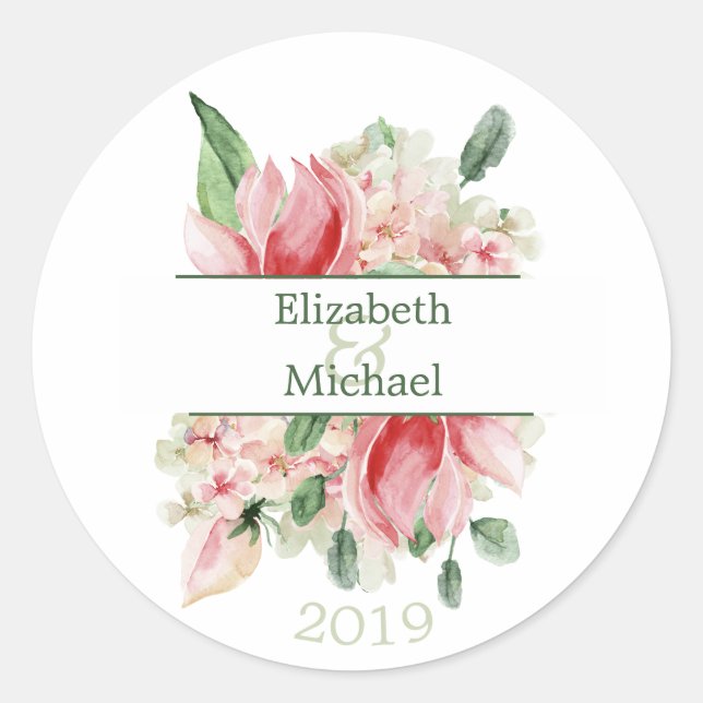 Sticker Rond Floral Chic Mariage ou Fiançailles Élégant Moderne (Devant)