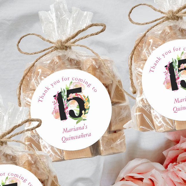 Sticker Rond Floral Chic Numéro 15 Quinceanera rose et or (15th Birthday thank you stickers from my Floral Chic Quinceanera Collection
)