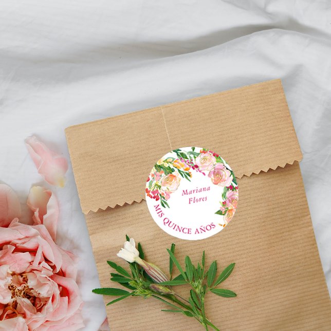 Sticker Rond Floral Chic Pink et Gold Editable Mis Quince Anos (Mis Quince Anos stickers from my Floral Chic Quinceanera Collection
)