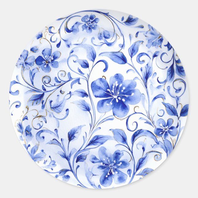 Sticker Rond Floral Chinoiserie bleu et blanc (Devant)