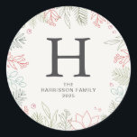 Sticker Rond Floral Christmas Wreath Family Nom monogramme<br><div class="desc">Floral Christmas Wreath Family Nom monogramme</div>