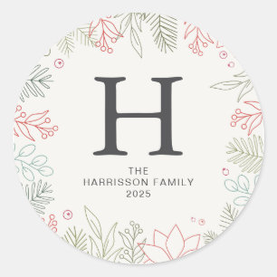 Sticker Rond Floral Christmas Wreath Family Nom monogramme