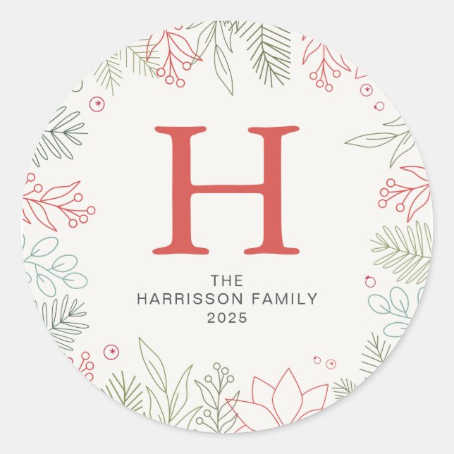 Sticker Rond Floral Christmas Wreath Family Nom monogramme (Devant)