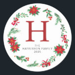 Sticker Rond Floral Christmas Wreath Family Nom monogramme<br><div class="desc">Floral Christmas Wreath Family Nom monogramme</div>