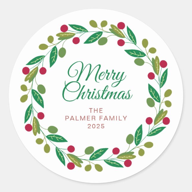 Sticker Rond Floral Christmas Wreath Nom de famille (Devant)