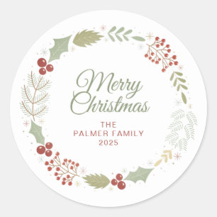 Sticker Rond Floral Christmas Wreath Nom de famille