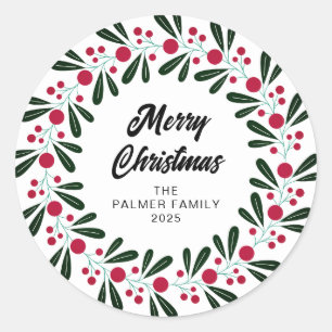 Sticker Rond Floral Christmas Wreath Nom de famille