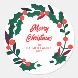 Sticker Rond Floral Christmas Wreath Nom de famille