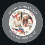 Sticker Rond Floral Christmas Wreath Photo Nom de famille<br><div class="desc">Floral Christmas Wreath Photo Nom de famille</div>