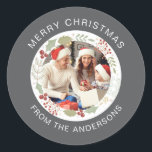 Sticker Rond Floral Christmas Wreath Photo Nom de famille<br><div class="desc">Floral Christmas Wreath Photo Nom de famille</div>