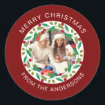 Sticker Rond Floral Christmas Wreath Photo Nom de famille<br><div class="desc">Floral Christmas Wreath Photo Nom de famille</div>