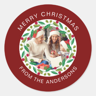 Sticker Rond Floral Christmas Wreath Photo Nom de famille