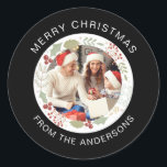 Sticker Rond Floral Christmas Wreath Photo Nom de famille<br><div class="desc">Floral Christmas Wreath Photo Nom de famille</div>
