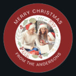 Sticker Rond Floral Christmas Wreath Photo Nom de famille<br><div class="desc">Floral Christmas Wreath Photo Nom de famille</div>
