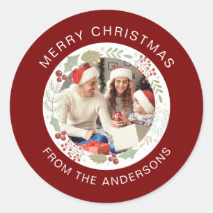 Sticker Rond Floral Christmas Wreath Photo Nom de famille