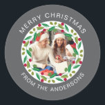 Sticker Rond Floral Christmas Wreath Photo Nom de famille<br><div class="desc">Floral Christmas Wreath Photo Nom de famille</div>