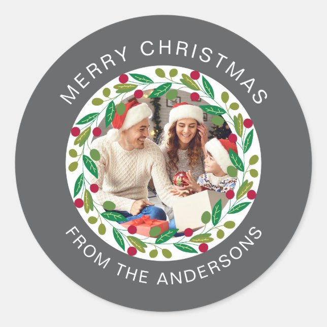 Sticker Rond Floral Christmas Wreath Photo Nom de famille (Devant)