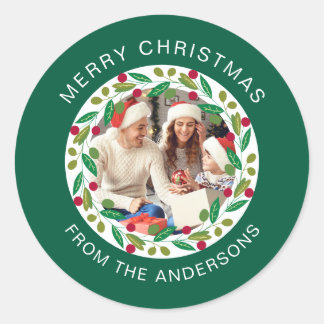 Sticker Rond Floral Christmas Wreath Photo Nom de famille