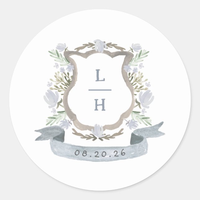 Sticker Rond Floral Crest Aquarelle Monogramme Mariage (Devant)