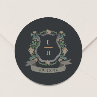 Sticker Rond Floral Crest Aquarelle Monogramme Mariage