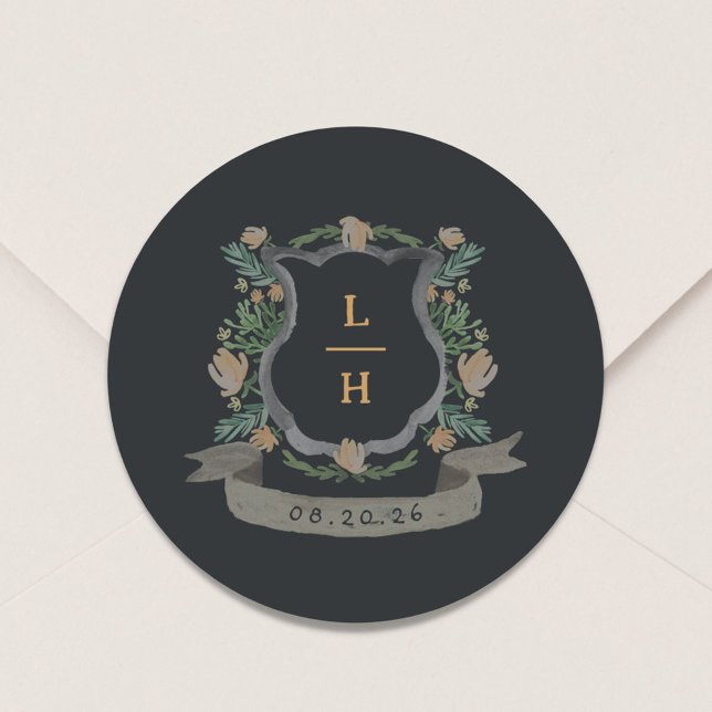 Sticker Rond Floral Crest Aquarelle Monogramme Mariage (Créateur téléchargé)
