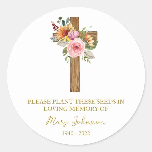 Sticker Rond Floral Cross Memorial Funeral Seed Packet (Devant)