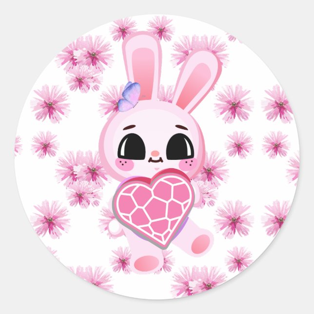 Sticker Rond Floral cute pink rabbit easter (Devant)