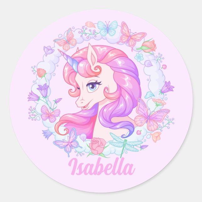 Sticker Rond Floral Cute Unicorn Papillon Personnalisé Nom (Devant)