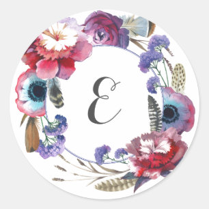 Sticker Rond Floral de pivoine fleur sauvage avec plumes Mono