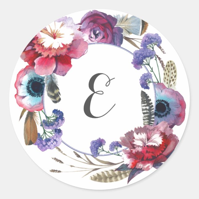 Sticker Rond Floral de pivoine fleur sauvage avec plumes | Mono (Devant)