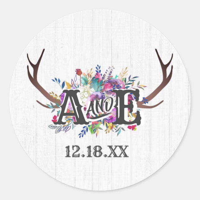 Sticker Rond Floral Deer Antler Bouquet Rustique Monogramme Mar (Devant)