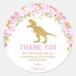 Sticker Rond Floral Dinosaur Merci Faveur fille T-rex