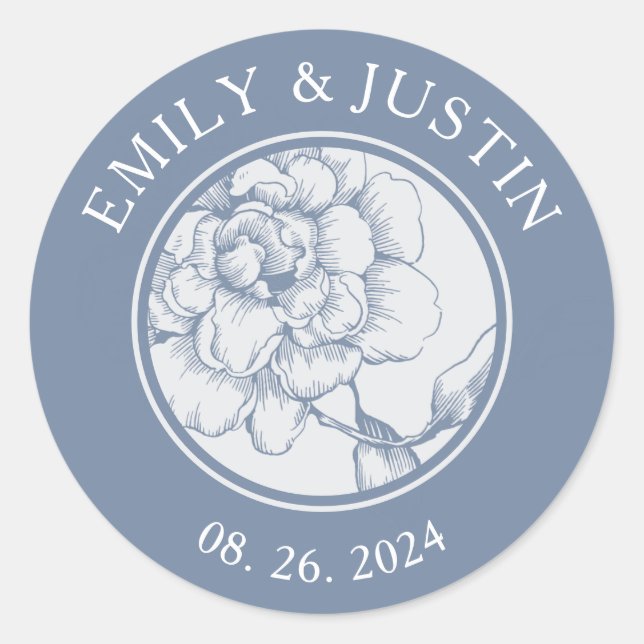 Sticker Rond Floral Dusty Blue Mariage élégant (Devant)