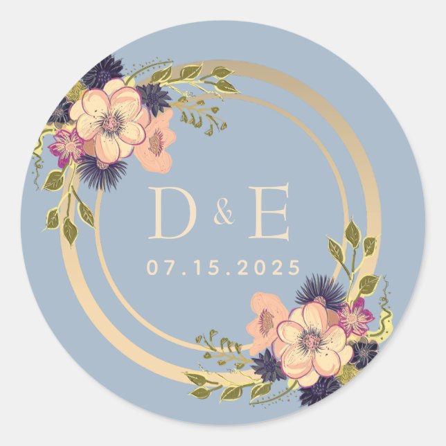 Sticker Rond Floral Dusty Blue Monogram Mariage (Devant)