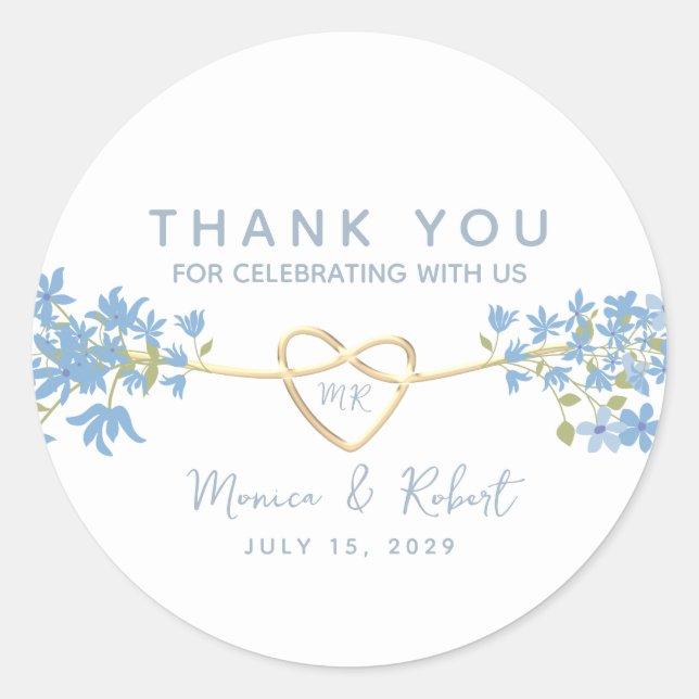 Sticker Rond Floral Dusty Blue Wedding Favoriser le Merci (Devant)