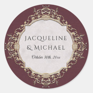Sticker Rond Floral Elegant Vintage Bourgogne n Mariage or