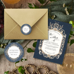 Sticker Rond Floral Elegant Vintage Marine Bleu et Mariage or