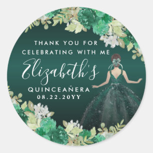 Sticker Rond Floral Emerald Green Anniversaire Merci Quinceaner