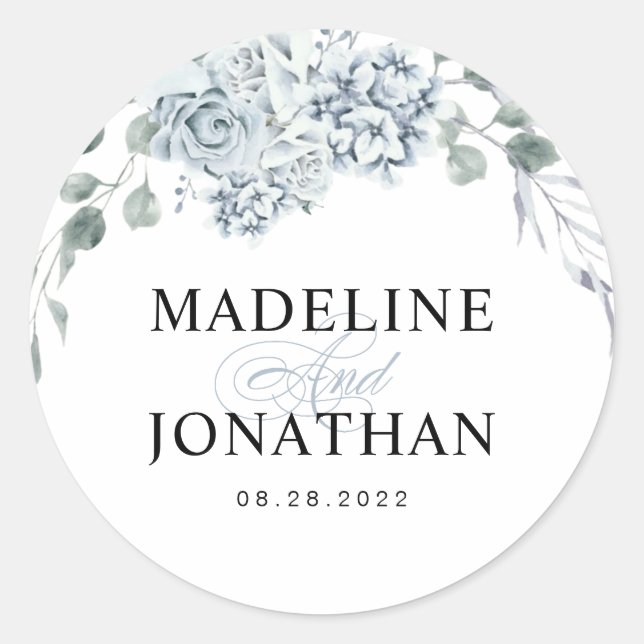 Sticker Rond Floral Eucalyptus Dusty Blue Calligraphy Mariage (Devant)