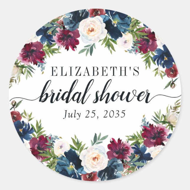 Sticker Rond Floral Fête des mariées Marine Bleu Bourgogne Aqua (Devant)