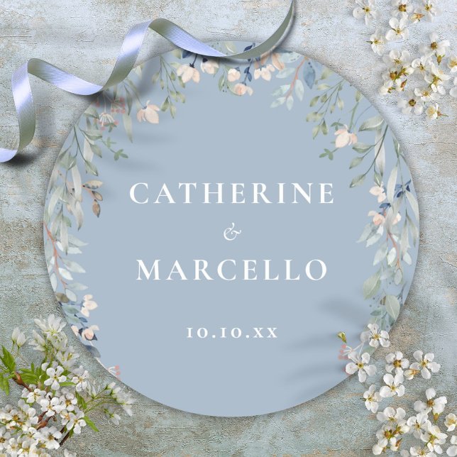 Sticker Rond Floral Fleur sauvage Dusty Blue Mariage (Floral Wildflowers Dusty Blue Wedding Classic Round Sticker)