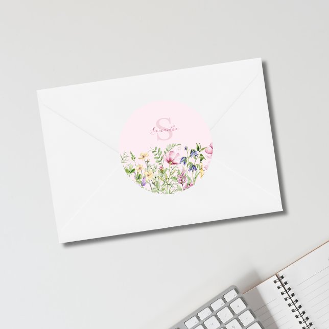 Sticker Rond Floral Fleur sauvage rose Personnalisé (Créateur téléchargé)