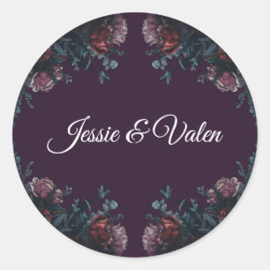 Sticker Rond Floral foncé violet élégant Mariage Maroon Mauve