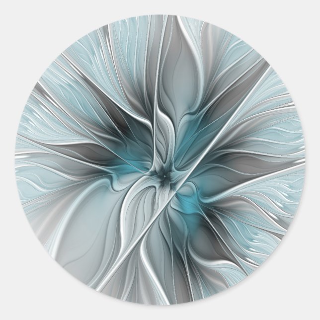 Sticker Rond Floral Fractal Moderne Fleur Abstrait gris bleu (Devant)