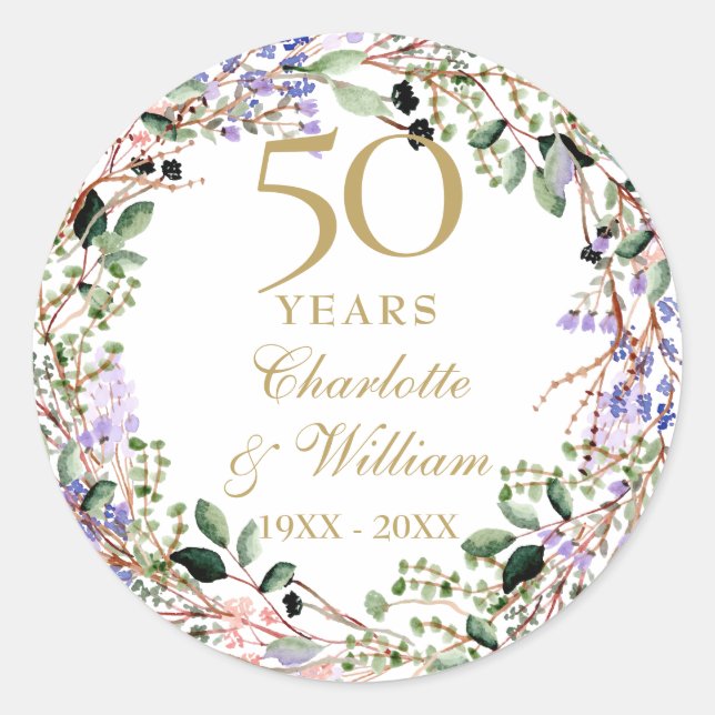 Sticker Rond Floral Garland 50th Wedding Anniversary  (Devant)